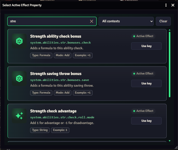 Property browser filtered to strength-related results