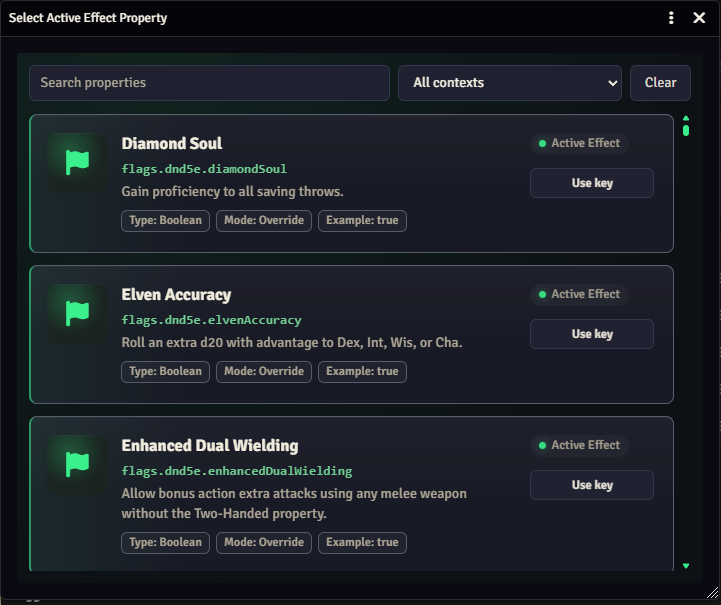 Property browser showing general Active Effect results