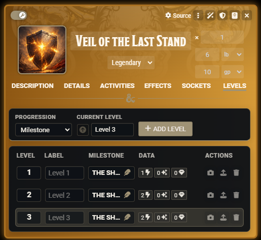 Configured levels on an ascendant item
