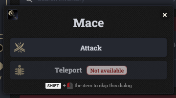 Activity choice dialog with Teleport marked as Not available