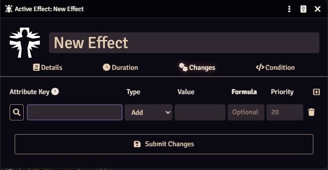Active Effect changes table with an empty Formula column