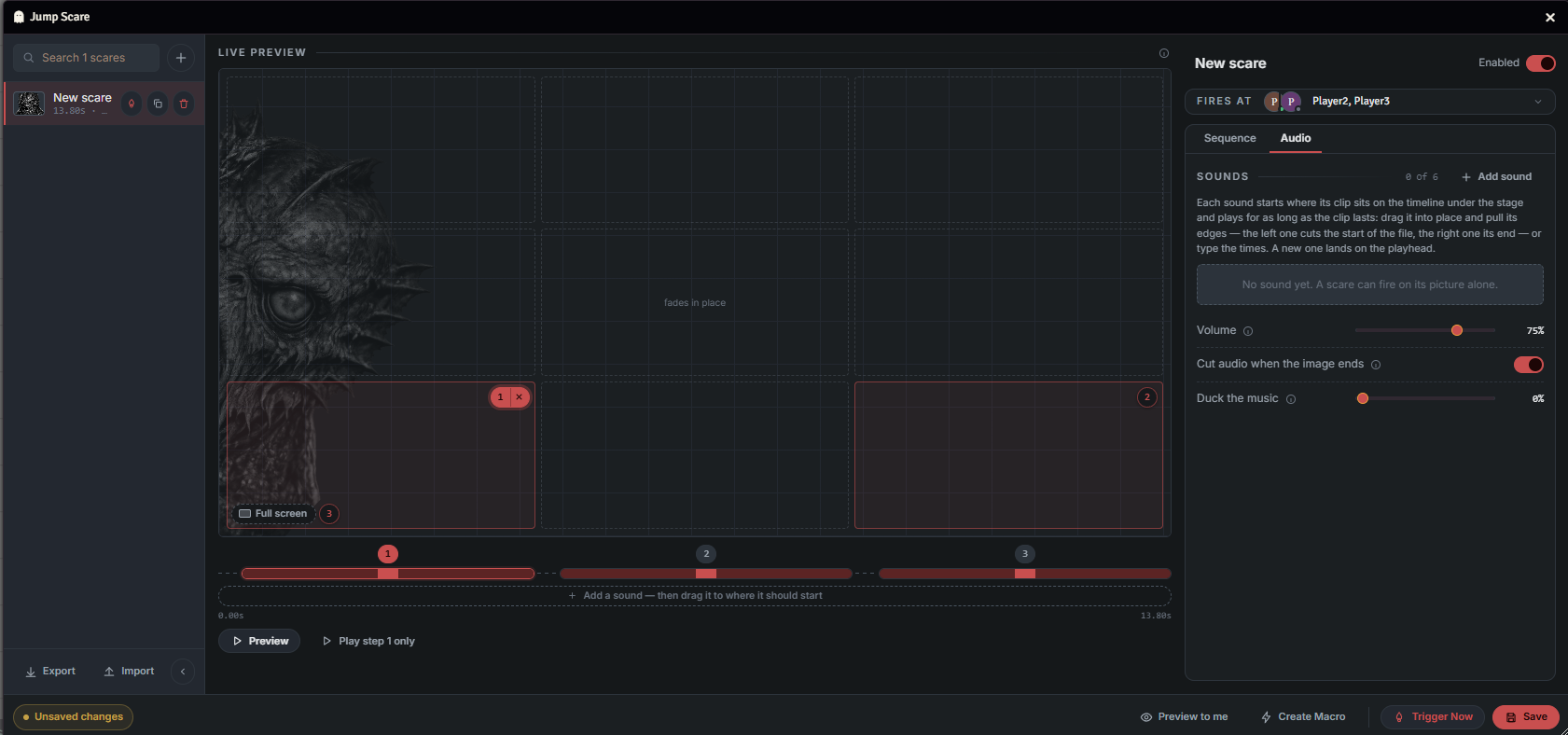 Audio tab with sound lanes and sound controls