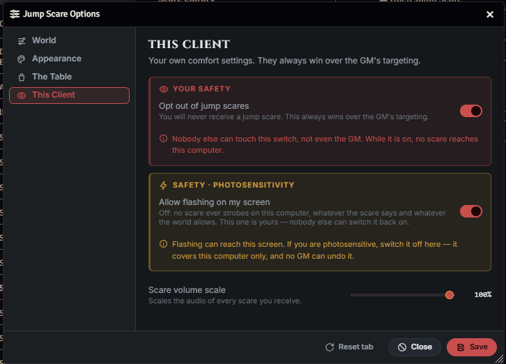 This Client tab with opt-out, flashing, and volume controls