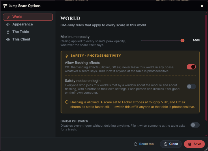 World tab with maximum opacity, flashing-effects, safety-notice, and global-kill-switch controls