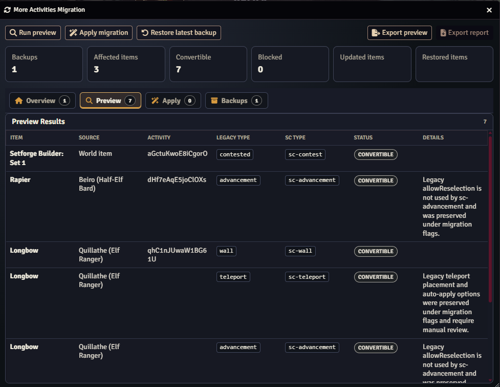 Migration preview results showing affected items, type mapping, and conversion status