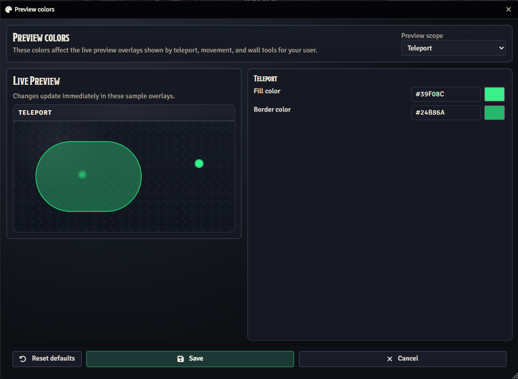 Preview colors menu showing the live preview and teleport color controls