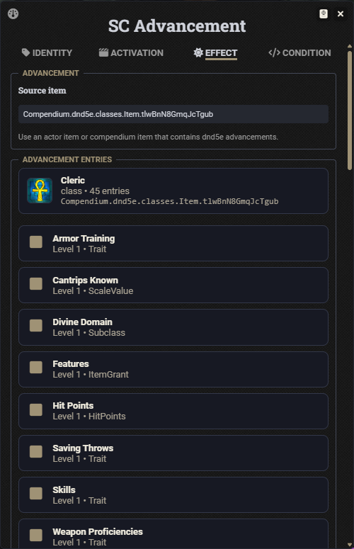 SC Advancement activity sheet showing source item and advancement entries