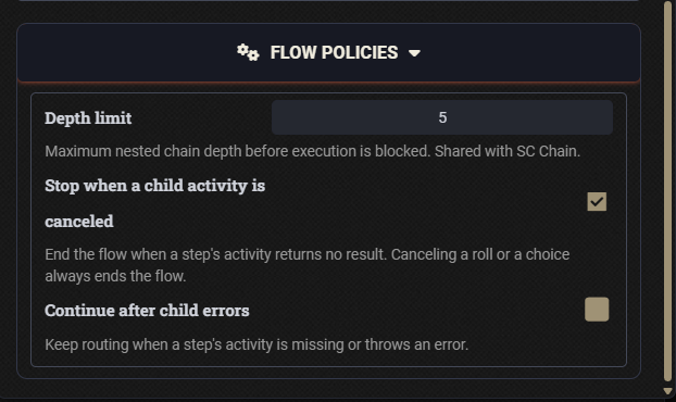 Flow policies section showing depth limit and cancellation controls