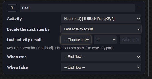 Last activity result selector showing grouped result paths and custom-path support
