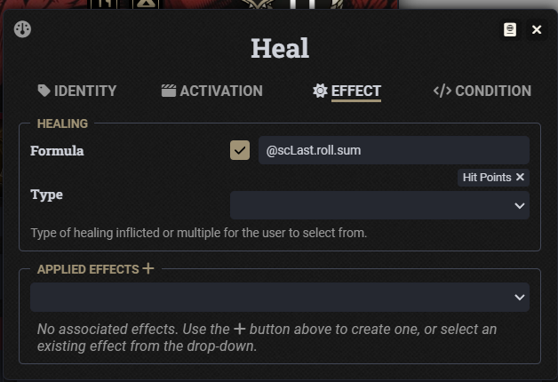 Heal activity formula using @scLast.roll.sum from the previous conditional-chain step