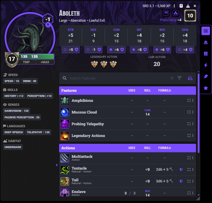 Aboleth NPC sheet with aberration styling