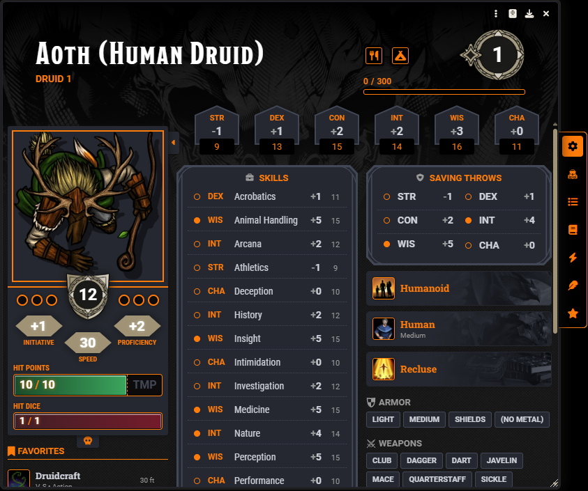 Druid actor sheet with orange class styling