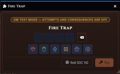 Mastermind symbol palette and code slots