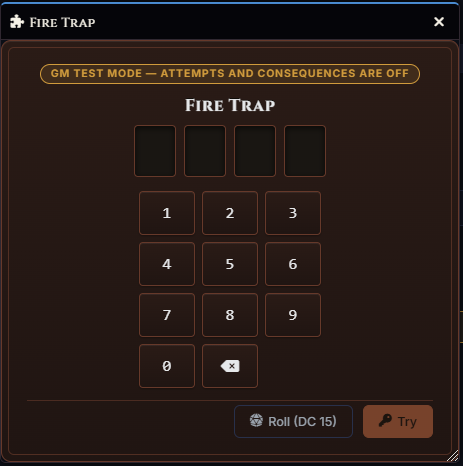 PIN keypad in GM test mode