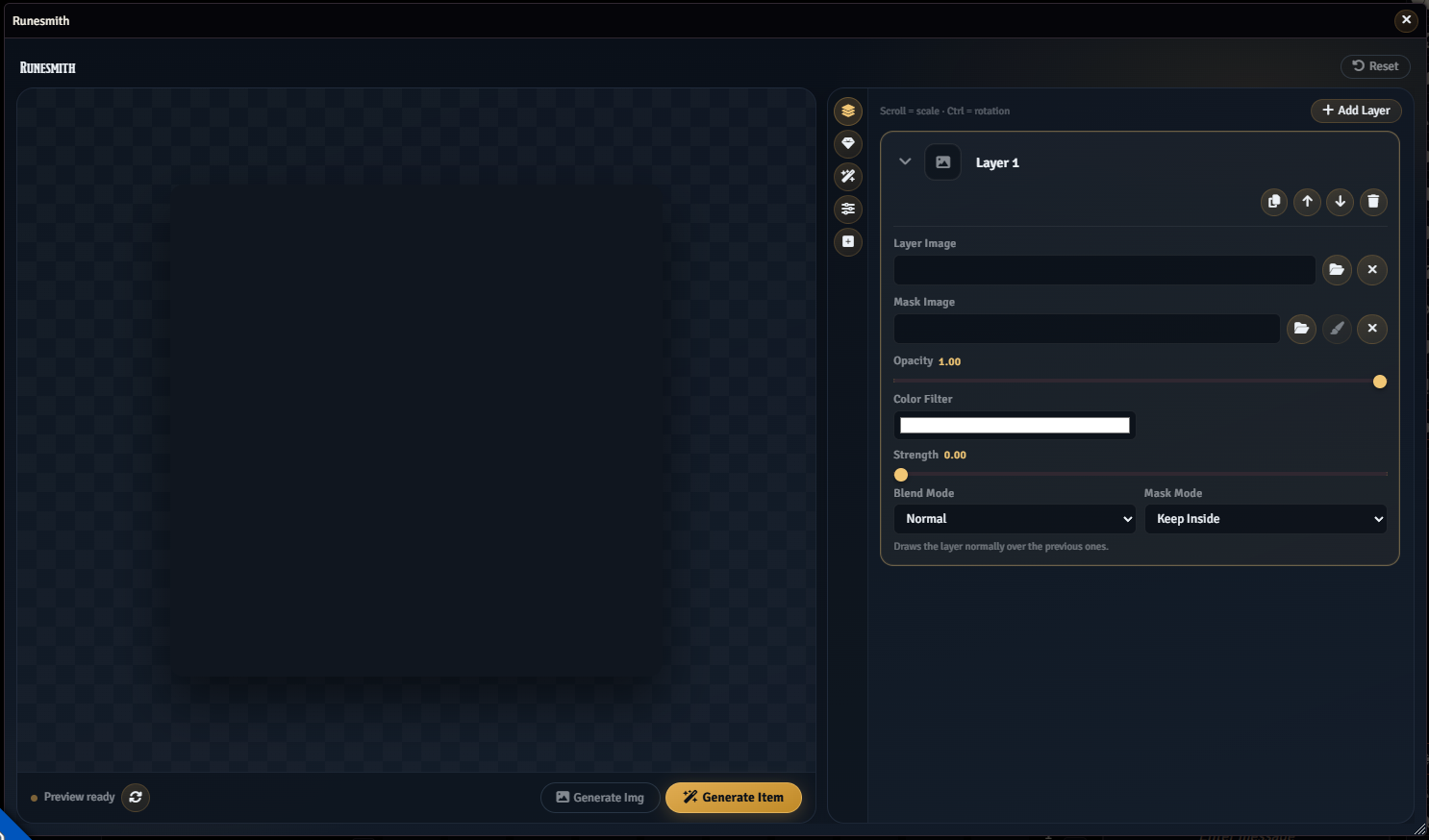 Runesmith editor layers tab with the preview on the left and layer controls on the right