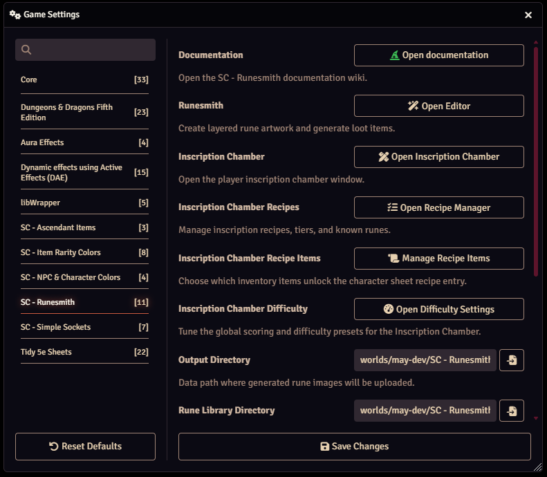 SC - Runesmith module settings overview