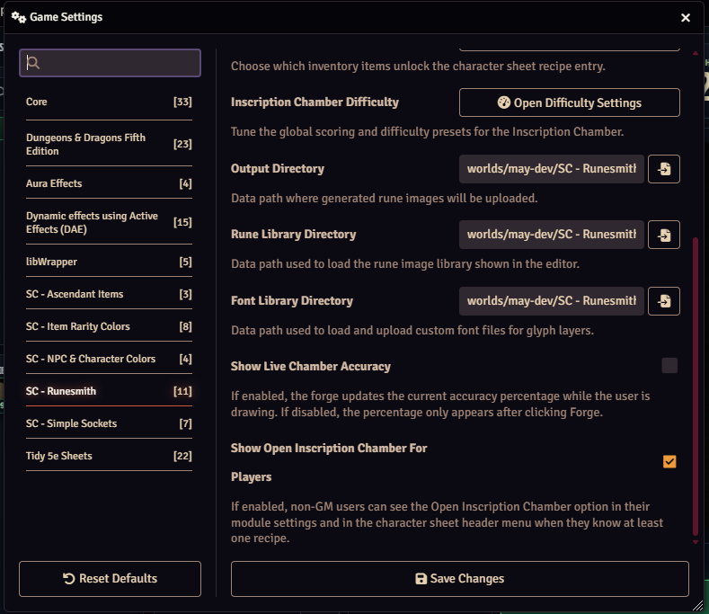 SC - Runesmith player-facing settings