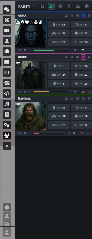 Party tab showing three character cards