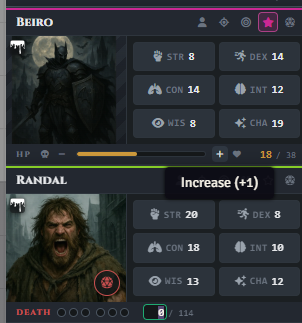 Party card showing resource and ability-score fields