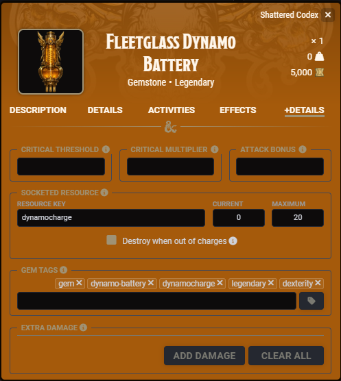 Gem +Details tab with socketed resource and gem tags