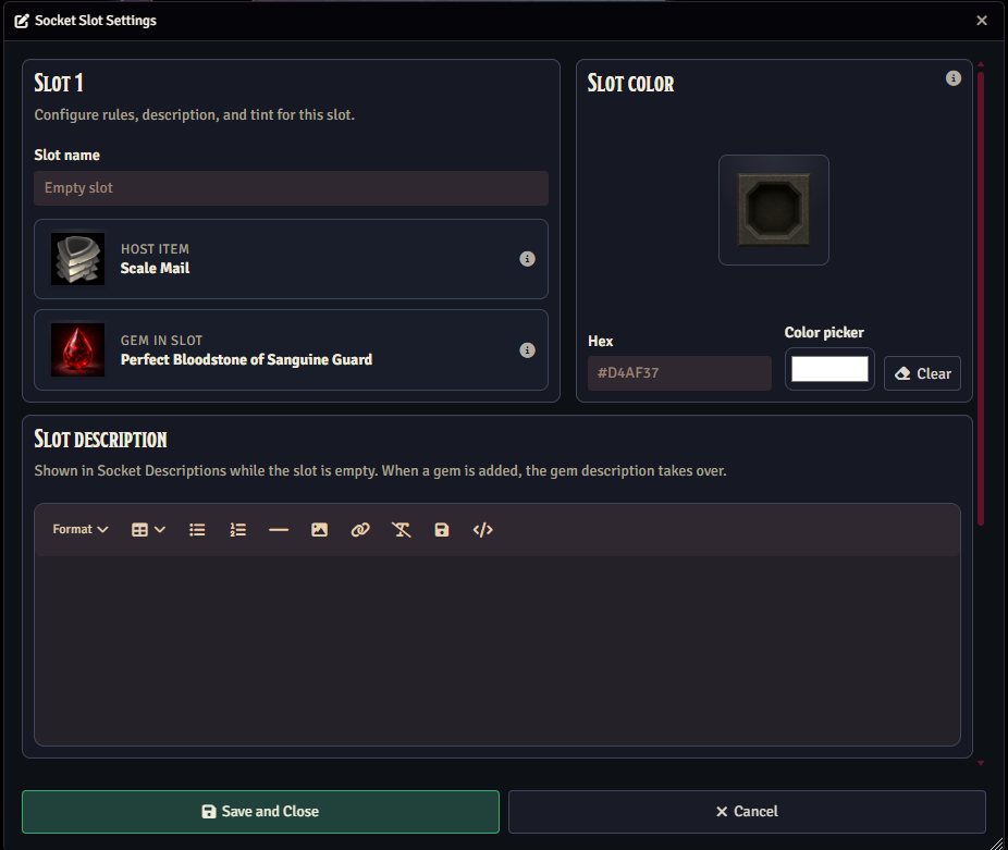 Socket slot settings window with host item, gem inspection, description, and color controls