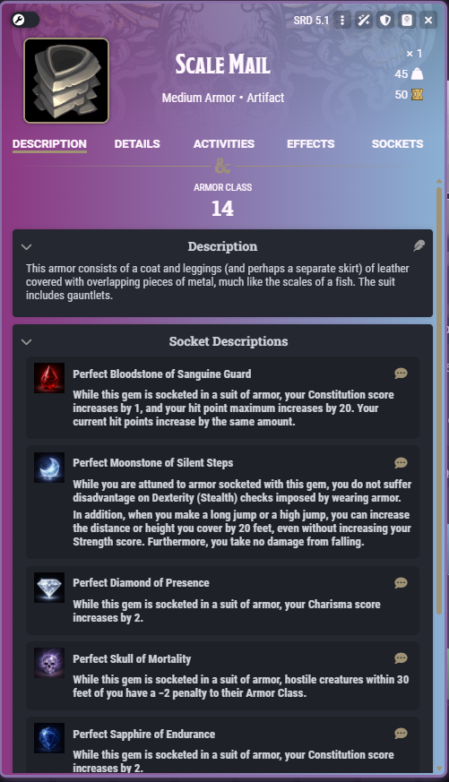 Socket Descriptions block on an item sheet