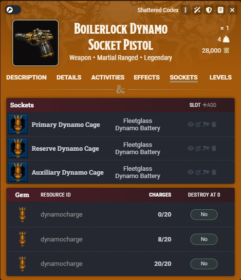 Sockets tab showing three Dynamo Battery gems with dynamocharge resources at 0 of 20, 8 of 20, and 20 of 20 charges