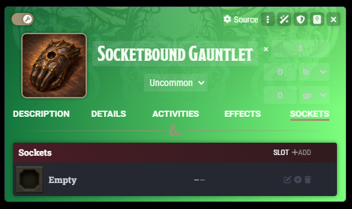 Sockets tab in list layout with an empty slot