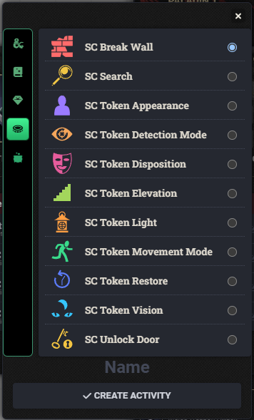 Token Activities entries in the SC More Activities creation dialog