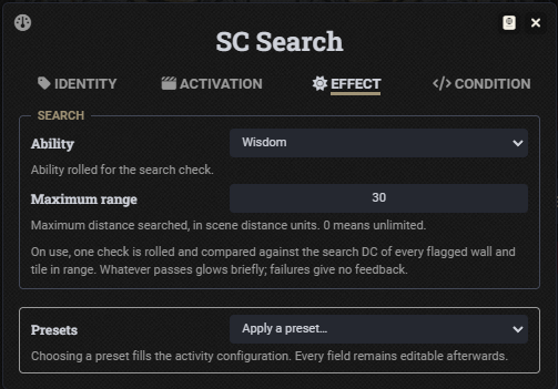 SC Search Effect tab with Wisdom ability and a maximum range of 30