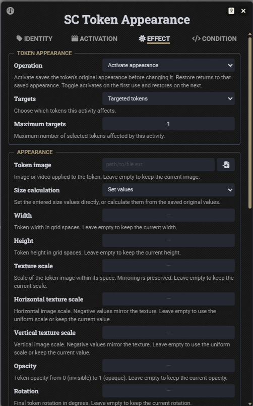 SC Token Appearance Effect tab with operation, target, size, scale, opacity, and rotation fields