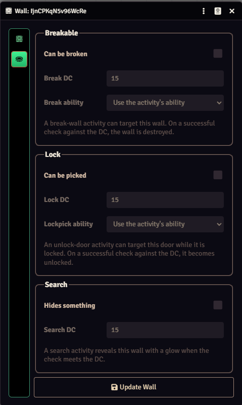 Wall Token Activities tab with Breakable, Lock, and Search configuration sections