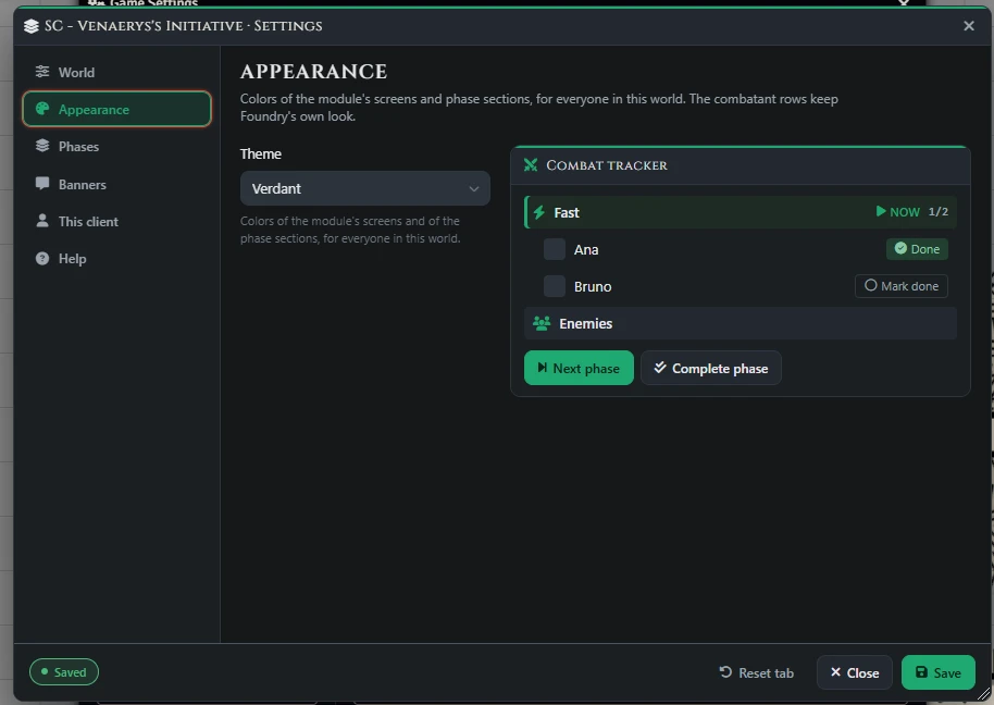 Appearance settings with Verdant selected and a sample combat tracker showing Fast and Enemies