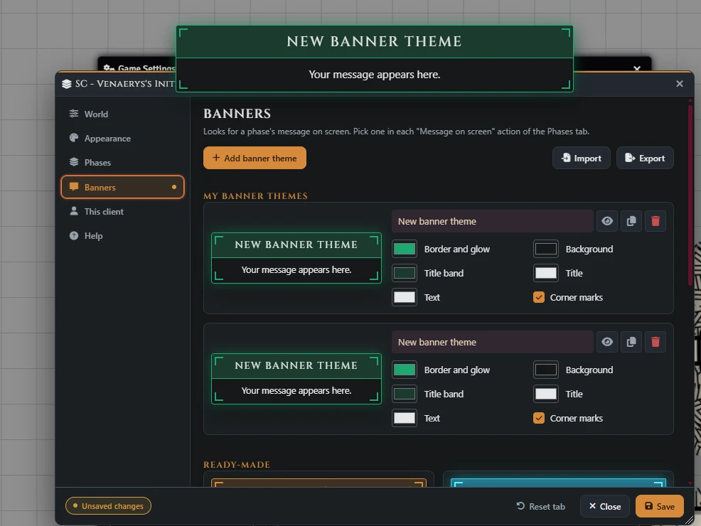 Banners settings with custom colors and a New banner theme preview at the top of the screen