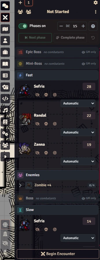 Combat tracker before the encounter starts, with DC 15, Fast and Slow characters, a collapsed Zombie group, and phase selectors