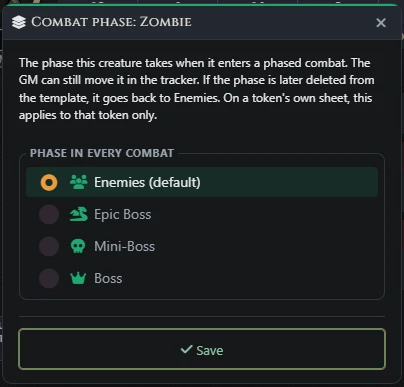 Zombie Combat phase dialog with Enemies, Epic Boss, Mini-Boss, and Boss choices