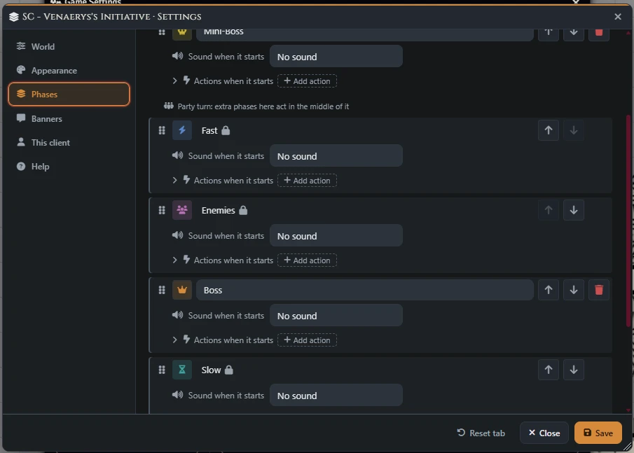 Phases settings showing Fast, Enemies, Boss, and Slow, with ordering arrows, sound choices, and start actions