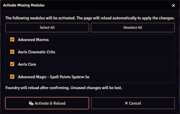 WorldGate activate missing modules dialog
