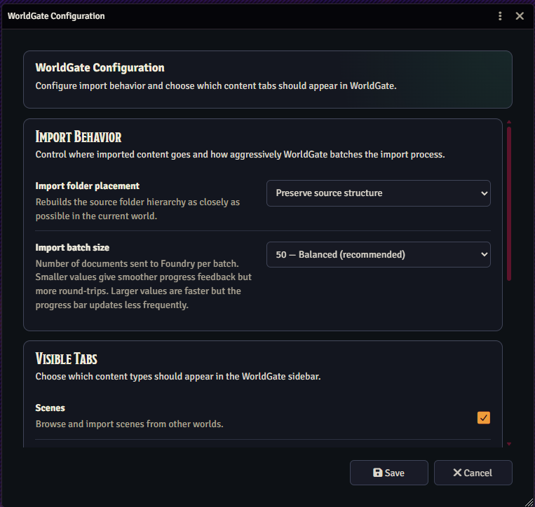 WorldGate configuration window