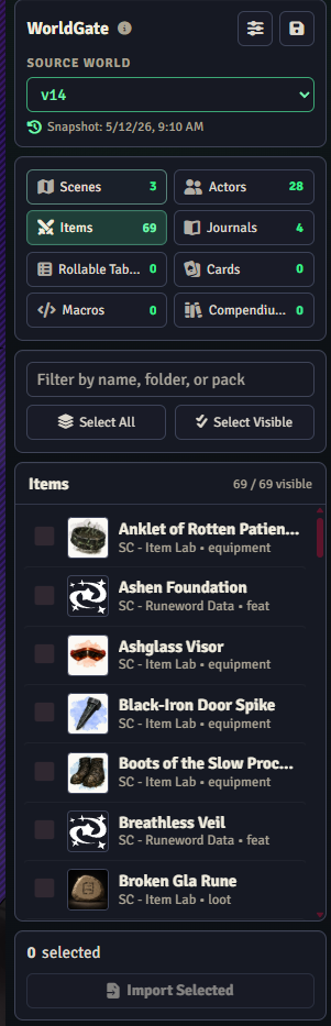 WorldGate sidebar browsing world items